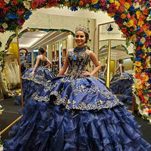 Vestido de quinceañera azul marino con cuentas de cristal, falda escalonada, apliques dorados, volantes, para fiesta de graduación 15 2024 - compra barato