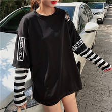 Camiseta feminina 2 peças, camiseta falsa de manga longa, estampada com letras, de outono e moda coreana, grande, 2021 2024 - compre barato