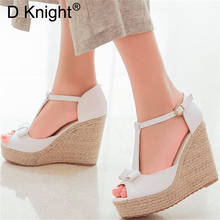 Sweet Bow Women Sandals Casual White Leather Wedge Sandals Summer Ankle T-Strap High Heel Platform Pumps Espadrilles Shoes Woman 2024 - buy cheap
