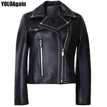 YOLOAgain Women Rivet Collar Genuine Leather Jacket Black Soft Real Sheepskin 2024 - buy cheap