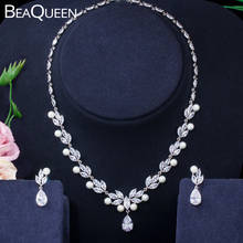 Pendientes de circonita cúbica de hoja de flor brillante de BeaQueen y pendientes de perlas collar de joyería nupcial conjuntos de accesorios de boda JS213 2024 - compra barato
