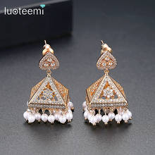 LUOTEEMI Bohemia Style CZ Stone& Imitation Pearl Crown Statement Dangle Earrings For Women Tower Design Champagne Gold Jewellery 2024 - buy cheap