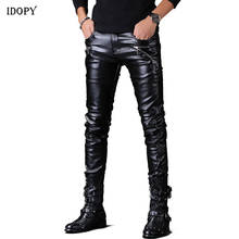 Idopy-pantalones de piel de imitación Punk para hombre, cremalleras delgadas para Club nocturno, Pantalones suaves de cuero PU negro para motocicleta 2024 - compra barato