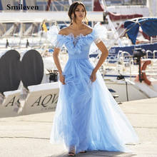 Smileven светло-голубой с открытыми плечами Выпускные платья Милая Пышные фатиновые платья для выпускного вечера с бантом на поясе, а-силуэт, длинный нарядные платья для свадьбы 2024 - купить недорого