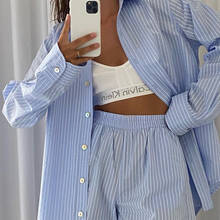 Striped Spring Women Shirt Suit Casual 2 Pieces Long Sleeve Tops Shorts Set Summer Holiday Fashion Blue Shirts Sets 2024 - buy cheap
