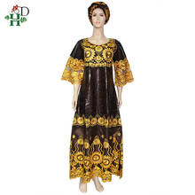 H & D африканские платья для женщин кружевное длинное платье базин богатый Дашики коричневое Золотое платье вышитые цветы с камнями 2021 Boubou 2024 - купить недорого
