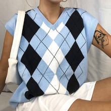 E-girl suéter feminino de malha com decote em v, sem mangas, azul, estilo escolar, blusa curta macia, xadrez, 2020 2024 - compre barato