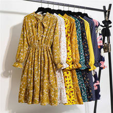 Novo arco plissado camisa vestido primavera manga longa escritório vestido feminino vintage floral impressão doce chiffon midi coreano vestidos 2024 - compre barato
