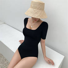 Maiô feminino de manga curta, peça única, roupa de banho, proteção queimaduras, com costas abertas, monokini, sem costas, traje de banho, preto 2024 - compre barato