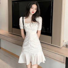 Summer French Style Short Sleeve Sexy Club Dress Fairy Lacing Ruffled Square Collar Slim Empire Waist Flounce Trumpet Wrap Dress 2024 - buy cheap