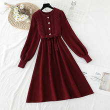 Korean Autumn Winter knitted Patchwork Corduroy Dress Women 2021 New Vintage Bow Bandage Bottoming Sweater Dresses Vestidos 2024 - buy cheap
