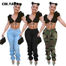 Cm. yaya calça jeans camuflada feminina retrô com nó, calça jeans clássica streetwear 2024 - compre barato