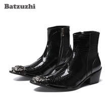 Batzuzhi-Botas de tacón alto de 6,5 CM para hombre, botines de piel auténtica, de Metal, puntiagudas, con cremallera, para fiesta de motocicleta, color negro 2024 - compra barato