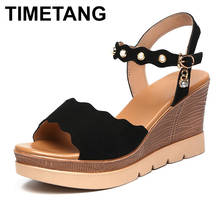 Timetang-Sandalias de gladiador con perlas para mujer, zapatos de verano con plataforma de diamantes de imitación, tacones de cuña, color negro y verde, talla grande 35-43 2024 - compra barato