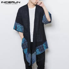 INCERUN Men's Trench Outerwear Cotton 3/4 Sleeve Kimono Irregular Patchwork Chinese Style Vintage Cloak Cape Men Cardigan Coats 2024 - buy cheap