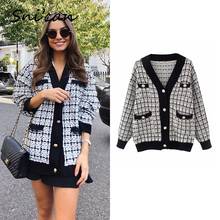 Snican Spring V Neck Black Plaid Sweater Za Office Ladies Casual Pockets Cardigan Outwear Female Chic Tops Femme Chandails 2021 2024 - buy cheap