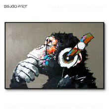 Modern Fine Art Hand-painted Funny Animal Double Thinking Monkey Oil Painting on Canvas Funny Listening Music Monkey Painting 2024 - buy cheap