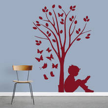 Art Wall Sticker Boy Reading under Tre Butter Flies Vinyl Wall Sticker For Nursery Children Room Bedroom Decor Accessories W332 2024 - buy cheap