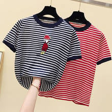 Fashion knitted T shirts cartoon striped short-sleeved T-shirt 2021New Woman casual Tops Female Tee shirt  O-neck clothes summer 2024 - buy cheap