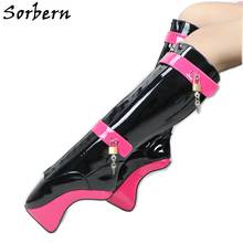 Sorbern-Botas de charol negras para mujer, zapatos de tacón alto hasta la rodilla, con cordones bloqueables, estilo fetiche 2024 - compra barato