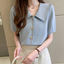 Camiseta feminina vintage, camisa de manga curta chiffon, botões estilo coreano, 2020 2024 - compre barato