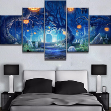 Arte de parede para casa, 5 peças hd grande decoração de árvore de abóbora de halloween pinturas em tela para decoração moderna de parede 2024 - compre barato