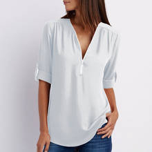 Женская белая блузка с треугольным вырезом, на молнии, большие размеры, офисные женские топы с длинными рукавами, свободные шифоновые модные 2024 - купить недорого