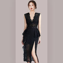 JSXDHK Summer Black Lace Dress Fashion Runway Women Sleeveless Ruffles Bodycon Pencil Split Dress Sexy V Neck Sheath Belt Dress 2024 - buy cheap