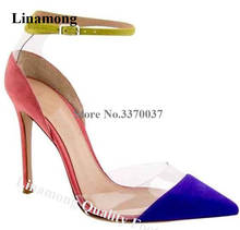 Linamong New Fashion Women Pointed Toe Patchwork PVC Stiletto Heel Pumps Suede Leather Transparent High Heels Wedding Dress Shoe 2024 - buy cheap