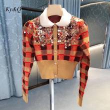 2022 Early spring New Heavy Industry Luxury Sweater Cardigan Plaid Temperament Women Beading Doll Collar Knitted Coat Tops 2024 - buy cheap
