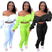 Echoine Autumn Winter Sexy Off Shoulder Crop Top and Ruched Pleated stacked pants Two Piece set Party Club Outfits tracksuit 2024 - buy cheap