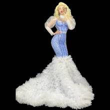 Lady Evening Prom Celebrity Gown Party Birthday Dress Rhinestones Pearl Puff Sleeve Long Tail Dress Singer Stage Show Costume 2024 - buy cheap