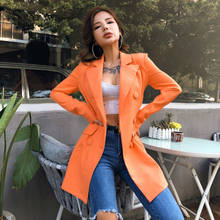 Chaqueta Sexy de manga larga para mujer, naranja con doble botonadura abrigo largo, elegante y ajustado, color liso, moda coreana, para oficina, otoño 2024 - compra barato