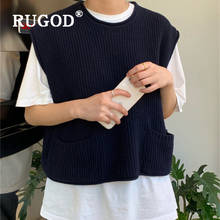 RUGOD O-neck Sweater Vest with Pockets Short  Korean Style Casual Sleeveless Knitted Vest Spring Casual Short Pullover Waistcoat 2024 - buy cheap