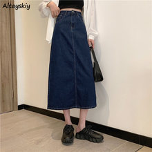 Long Skirts Women Denim A-line Mid-calf Female All-match Simple Basic Solid chic Casual Streetwear Fashion High Waist Retro Blue 2024 - buy cheap