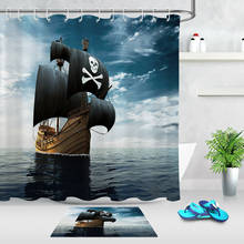 Poliéster tecido cortina de chuveiro forro retro caribe navio pirata decoração do banheiro 2024 - compre barato