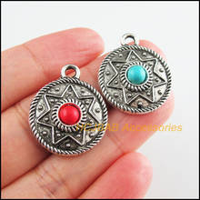 8Pcs Tibetan Silver Tone Star Red & Blue Stone Round Flower Charms Pendants 22x26.5mm 2024 - buy cheap
