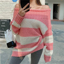 slash neck off-shoulder pink striped all-match sweet sweater solid loose oversize lazy style pullovers casual fashion retro tops 2024 - buy cheap