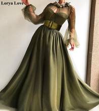 Платье женское атласное для выпускного вечера, длинное прозрачное вечернее, с иллюзионными длинными прозрачными рукавами, с бисером, оливковое зеленое, 2020 2024 - купить недорого