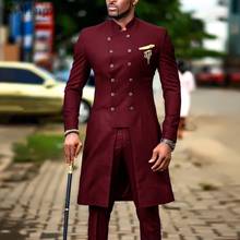 YiMinpwp Burgundy Men Suits Stand Collar Double Breasted Wedding Suits for Men 2 Piece Long Coat+Pant 2024 - buy cheap