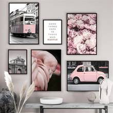 Настенная картина с изображением цветов, Тума, Розового автомобиля, фламинго, скандинавские постеры и принты для украшения стен гостиной 2024 - купить недорого