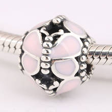 S925 Silver  Bead DIY Jewelry Pink Enamel Butterfly Charms fit Lady Bracelet Bangle 2024 - buy cheap