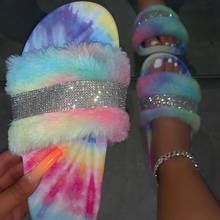 2020 Sandal Women Rhinestone Furry Slides Kawaii Slippers Faux Fur Flurry Slides Glitter Bling Rainbow Shoes Cute Plush Jelly 2024 - buy cheap