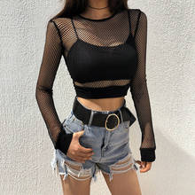 Top de rejilla de malla para mujer, camiseta negra Lisa Sexy de manga larga, Tops de malla, Camiseta corta 2020 2024 - compra barato