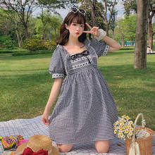 Japanese Lolita Summer Dress Women Kawaii Bow Square Collar Short Puff Sleeve Plaid Dress Vintage Sweet Girl Ruffles Loose Dress 2024 - buy cheap