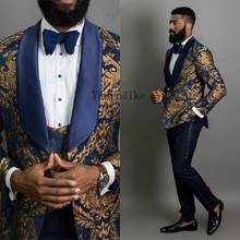 Thorndike 2021 Elegant Fashion Blue Gold Floral Male Suits 3 Pcs Groom Suit Smoking Tuxedo Jacket Wedding Suits For Men  T1211 2024 - buy cheap