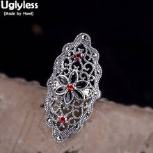 Uglyless Vogue Girls Exaggerated Wide Rings for Women Hollow Garnet Flowers Open Rings 925 Thai Silver Vintage Fine Jewelry R946 2024 - buy cheap