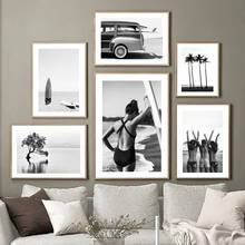 Póster nórdico para decoración de la sala de estar, impresiones de Arte de pared, lienzo, pintura, playa, Surf, chica, árbol de coco, coche, furgoneta, blanco y negro 2024 - compra barato