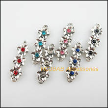 12 unidades de conectores de amuletos de 3 flores de cristal mezclado de tono plateado tibetano, 8,5x28mm 2024 - compra barato