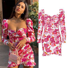 Women Fashion Sexy Square Collar Long Puff Sleeve Flower Print Dress Sweet Ladies Colorful Mini Dresses 2024 - buy cheap